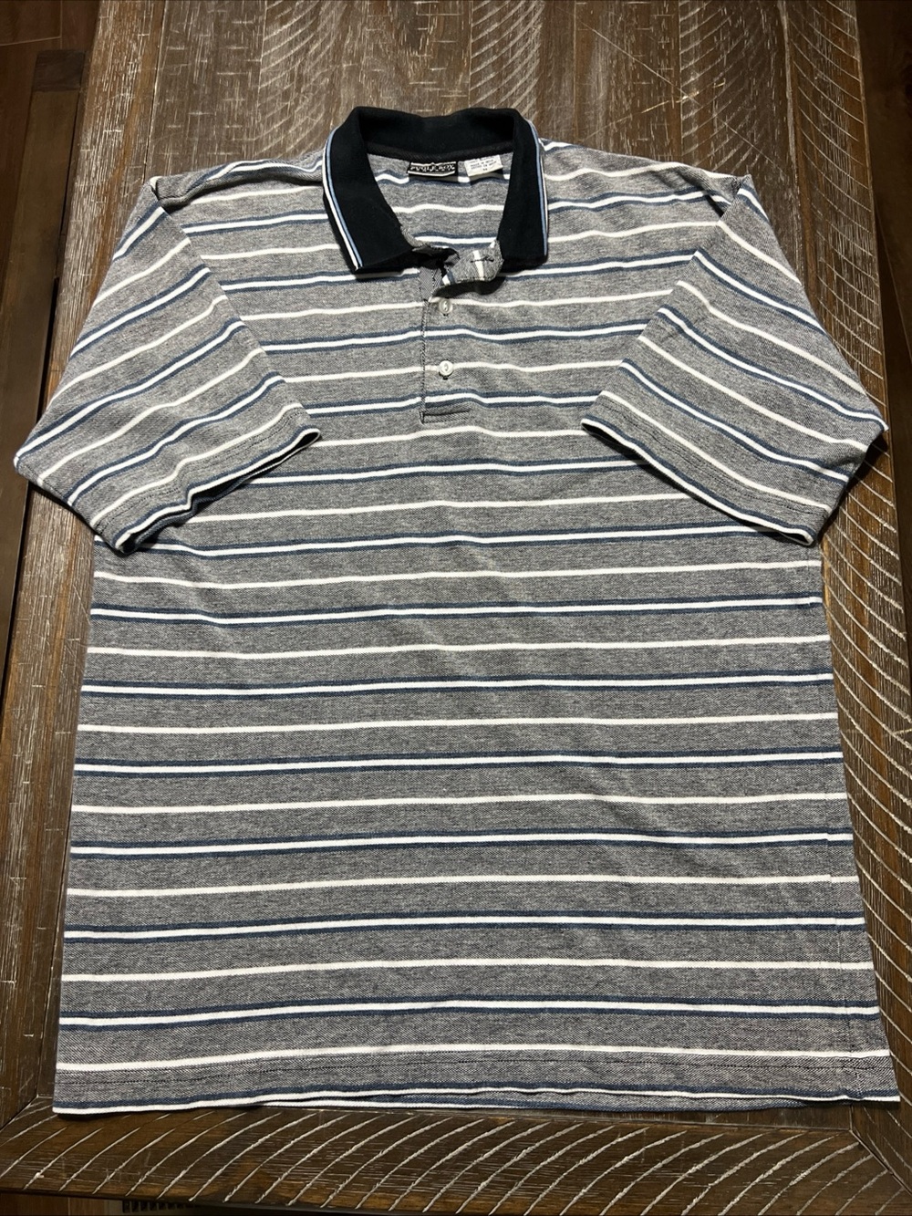 Vintage Bugle Boy Men’s Short Sleeve Polo Shirt Size M Striped Gray/Blue/White